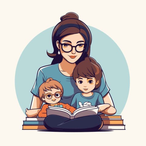 Mother reading book with her children. Vector illustration in ca