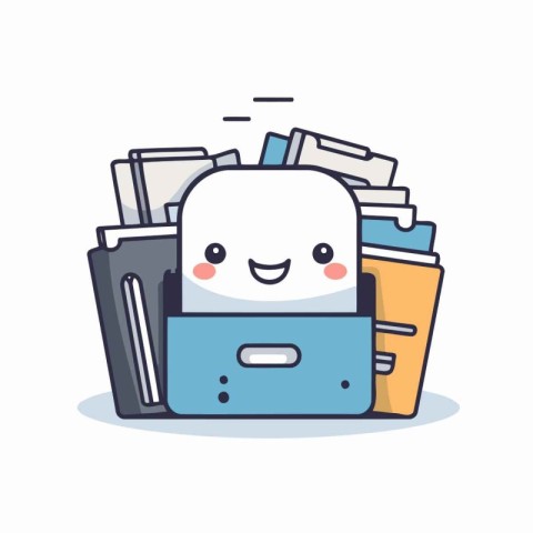 Cute cartoon printer with a stack of documents. Vector illustrat