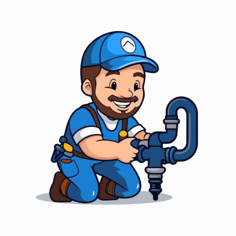 Plumber with drill. Vector cartoon illustration isolated on whit