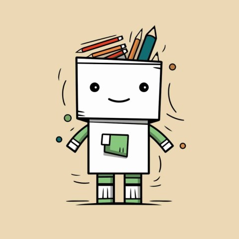 Funny robot with books and pencils. Vector illustration of carto