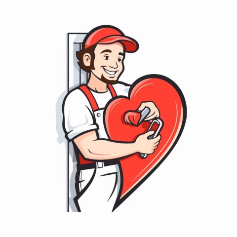 Vector illustration of a plumber holding a wrench and a red hear