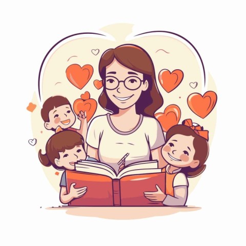 Mother reading book with her children. Vector illustration in ca