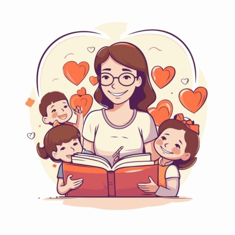 Mother reading book with her children. Vector illustration in ca