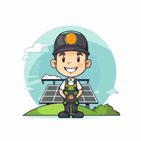 Cute engineer standing with solar panel in the park. Vector illu