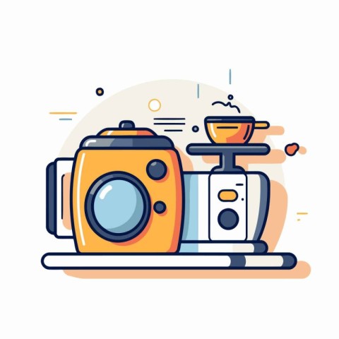 Modern vector illustration in flat line style. Camera and coffee