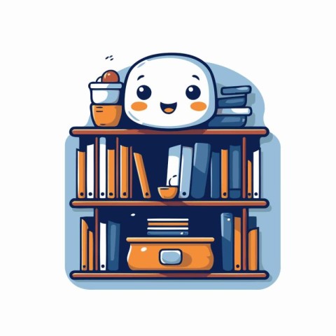 Cute book shelf with funny book character. Vector cartoon illust