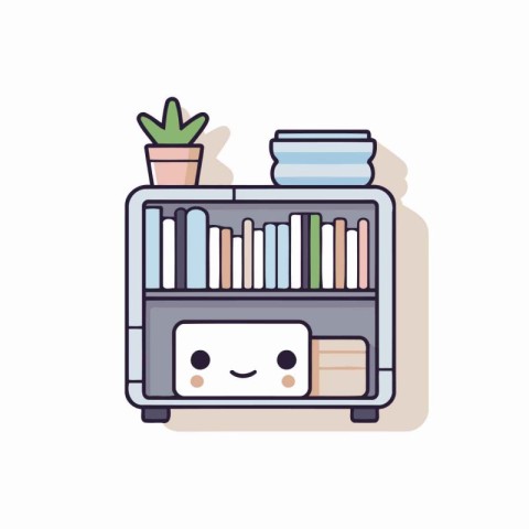 Cute bookshelf with books and plants. Vector illustration.