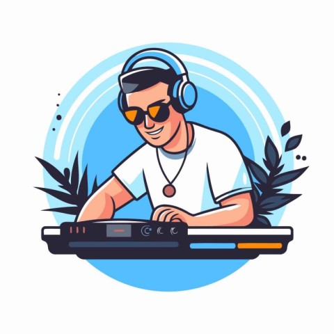 DJ with headphones and mixer. Vector illustration in flat cartoo