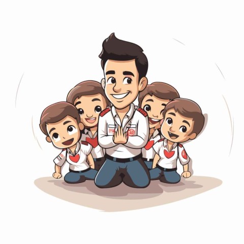 Illustration of a teacher and his students. Vector cartoon chara