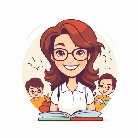 Teacher with children. Vector illustration in a flat cartoon sty