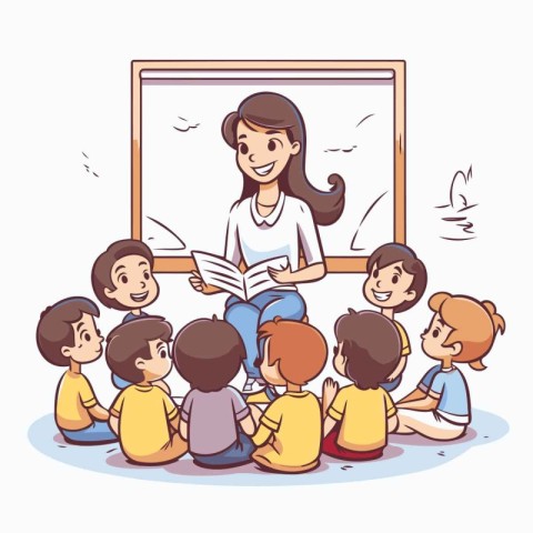 Teacher with children in classroom. Vector illustration in carto