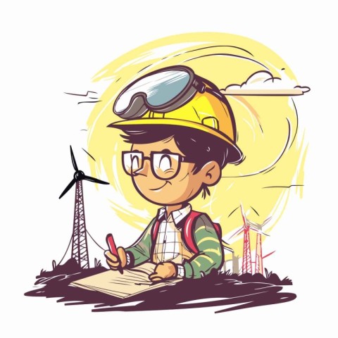 Engineer boy in yellow helmet drawing in sketchbook. Vector illu