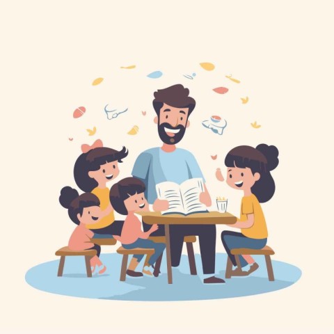 Father and children reading a book together. Vector illustration