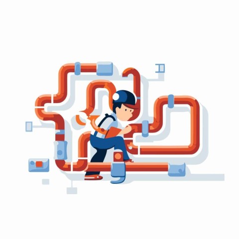 Plumber at work. Vector illustration in flat style on white back