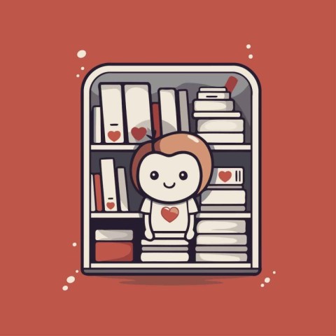 Cute cartoon monkey in bookcase. Vector illustration in flat sty