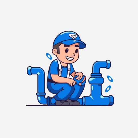 Plumber in uniform and cap repairs water pipe. Vector illustrati