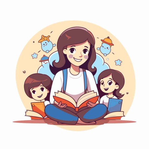 Vector illustration of a young mother reading a book with her ch