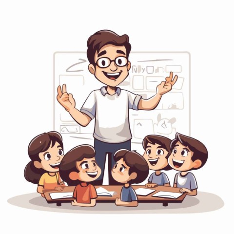 Teacher with children in classroom. Vector illustration in carto