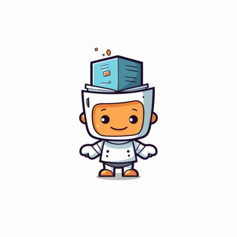 Cute robot cartoon with book on his head. Vector illustration.