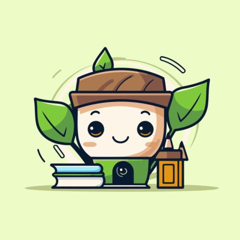 Cute coffee character with book and tea leaves. Vector illustrat