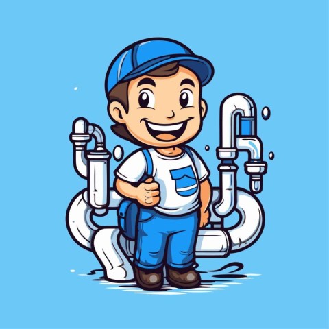 Plumber with water pipes. Vector illustration of a cartoon chara