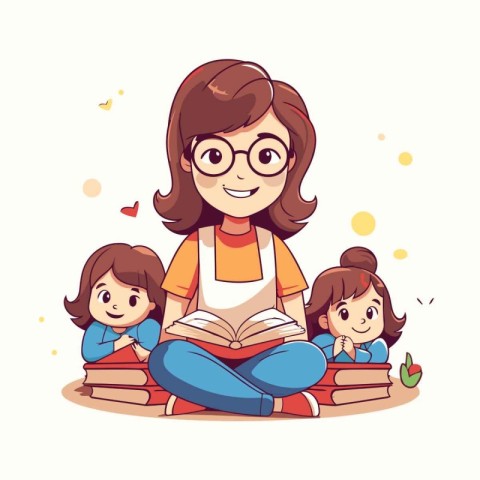 Vector illustration of a happy mother reading a book with her ch