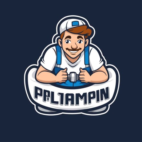 Plumber mascot logo design. Vector illustration on dark blue bac