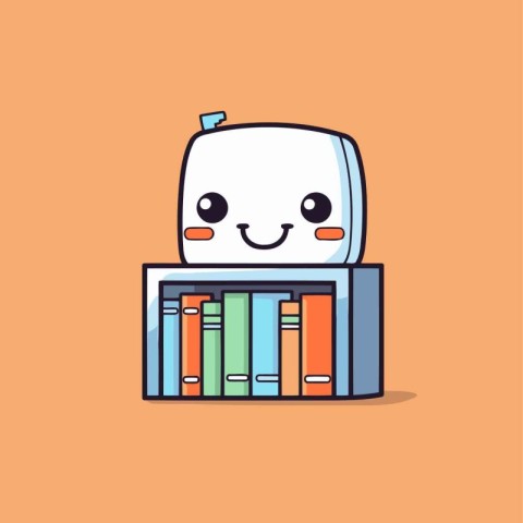 Cute cartoon character bookshelf with books. Vector illustration