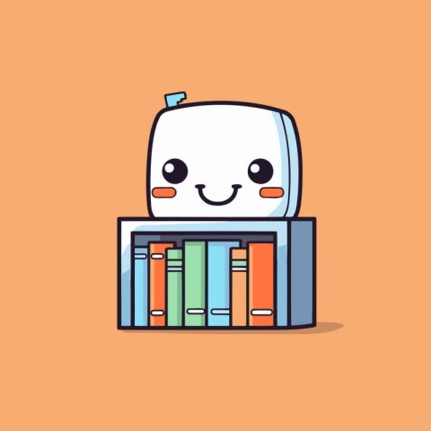 Cute cartoon character bookshelf with books. Vector illustration