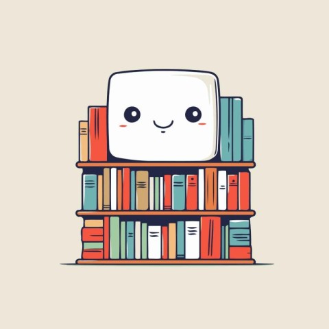 Cute cartoon bookshelf with book character. Vector illustration.