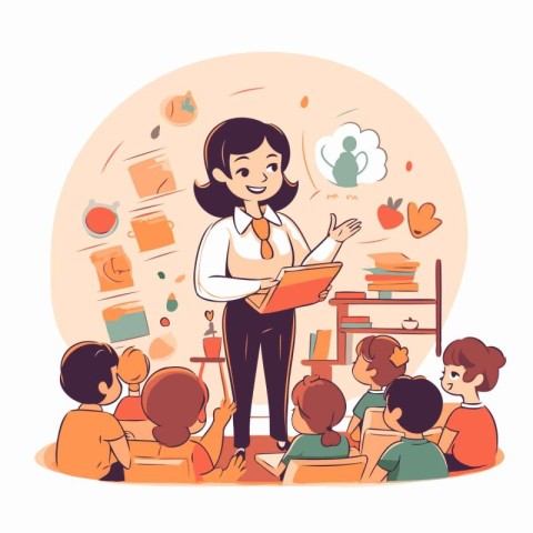 Teacher with children in classroom. Vector illustration in carto