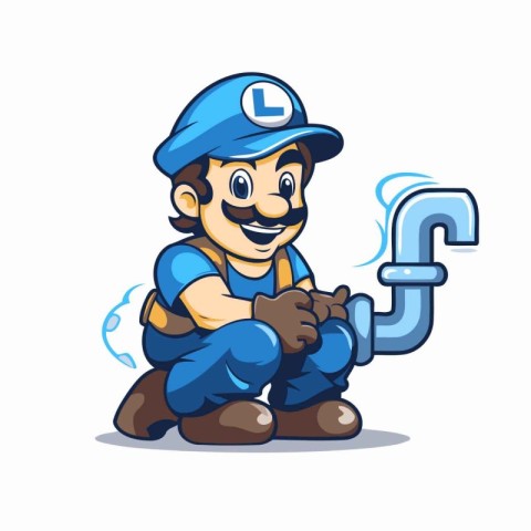 Plumber with pipe isolated on white background. Plumber cartoon