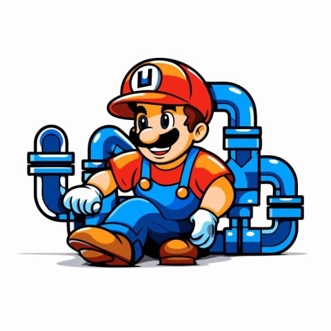 Plumber cartoon character with pipes on white background. Vector