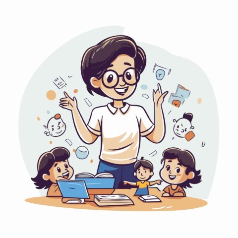 Teacher and children. Vector illustration of a teacher and child