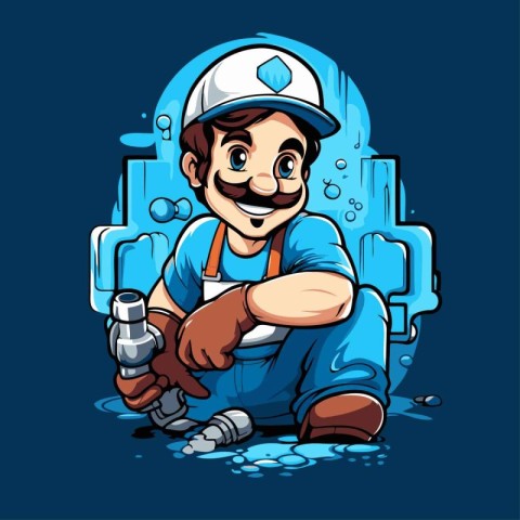 Vector illustration of a plumber with a pipe in his hand.