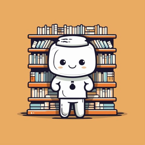 Cute astronaut in the library. Cartoon character. Vector illustr