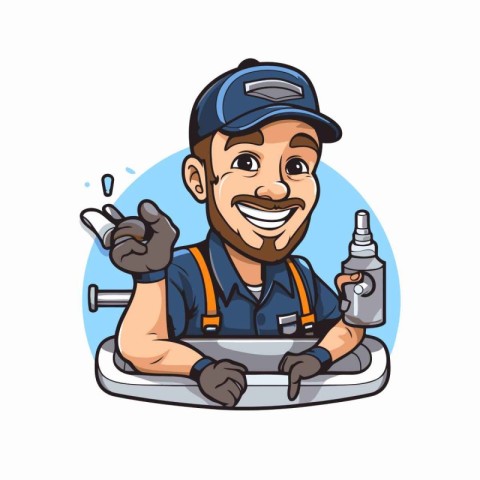 Plumber in a washbasin with a spray gun. Vector illustration.