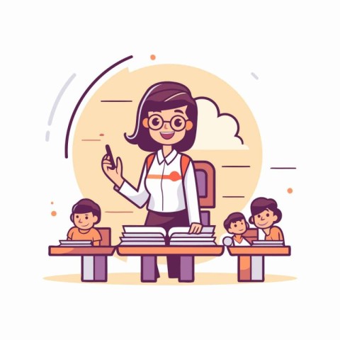 Teacher with students. Vector illustration in flat cartoon style