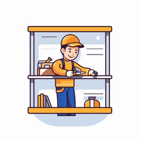 Plumber at work in the workshop. Vector illustration in flat sty