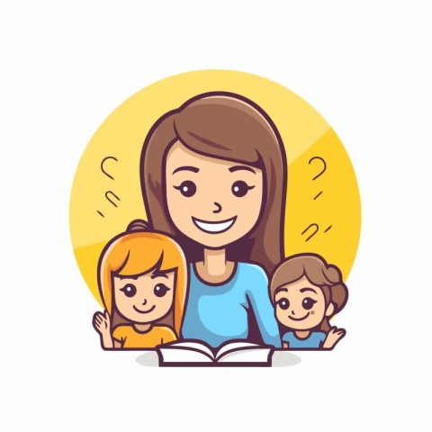 Mother reading book with her children. Vector illustration in ca