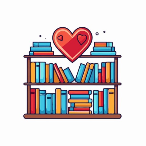 Bookshelf with books and heart. Vector illustration in flat styl