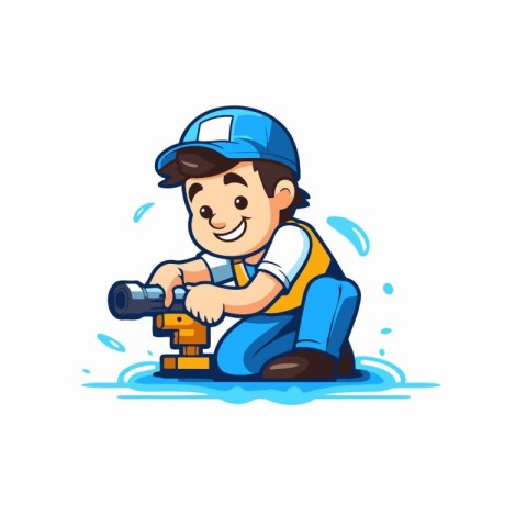 Plumber with drill. Vector illustration in cartoon style on whit