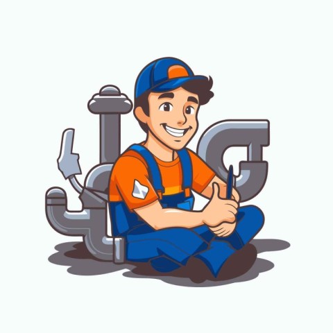 Plumber with wrench and pipe. Plumber character. Vector illustra