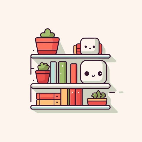 Vector illustration of bookshelves with books and succulents.