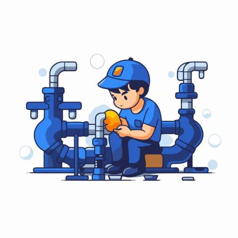 Plumber repairing water pipe. Vector flat illustration in cartoo