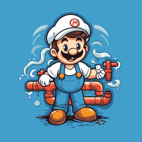 Plumber with pipe in cartoon style. Vector illustration for your