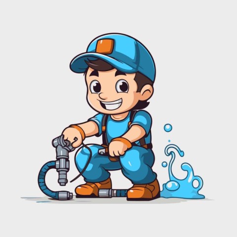 Plumber with a pipe. Vector illustration of a cartoon character.