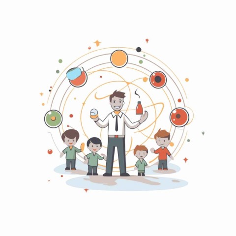 Illustration of a teacher with children and planets on a white b