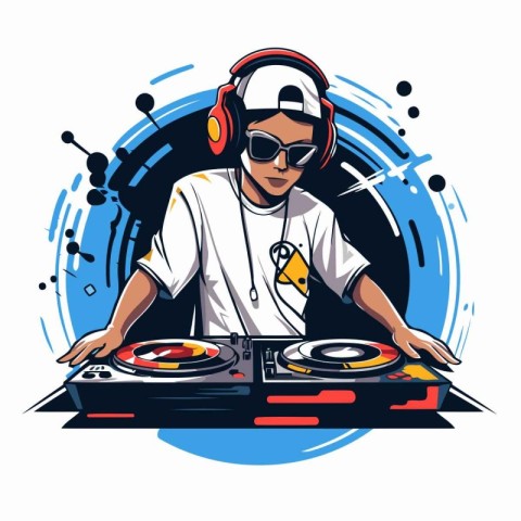 Dj playing music on turntables with headphones. Vector illustrat