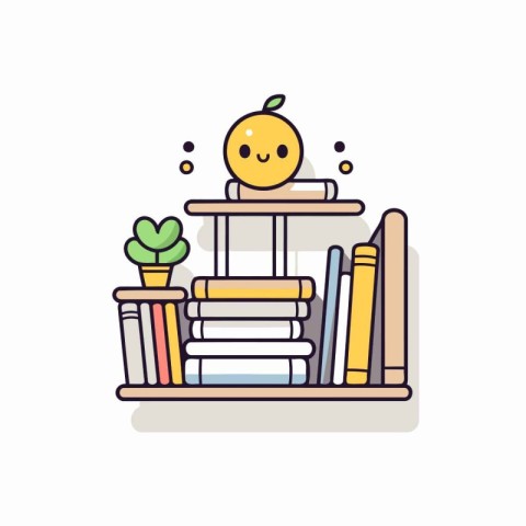 Funny book shelf with books and apple icon. Vector illustration.